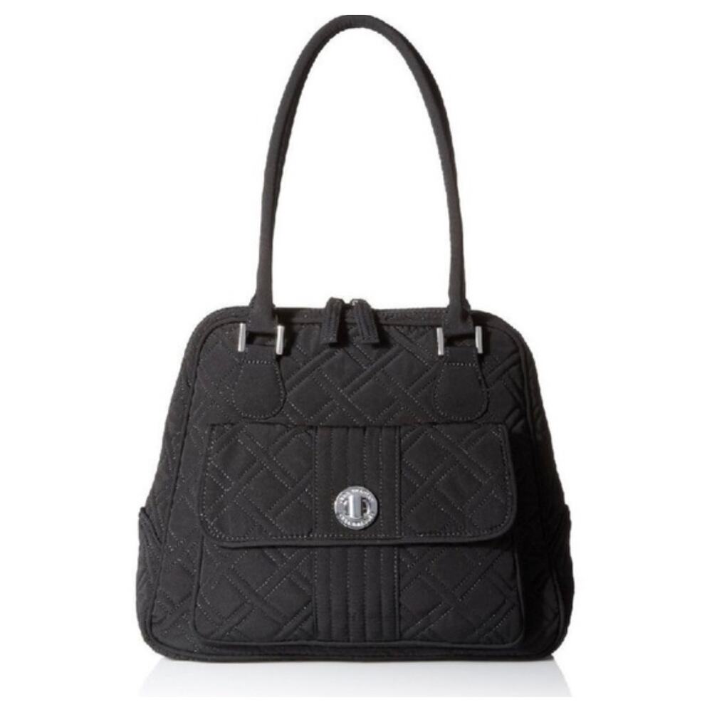 Vera Bradley Solid Black Quilted Cotton Turnlock Satchel Shoulder Handbag Casual